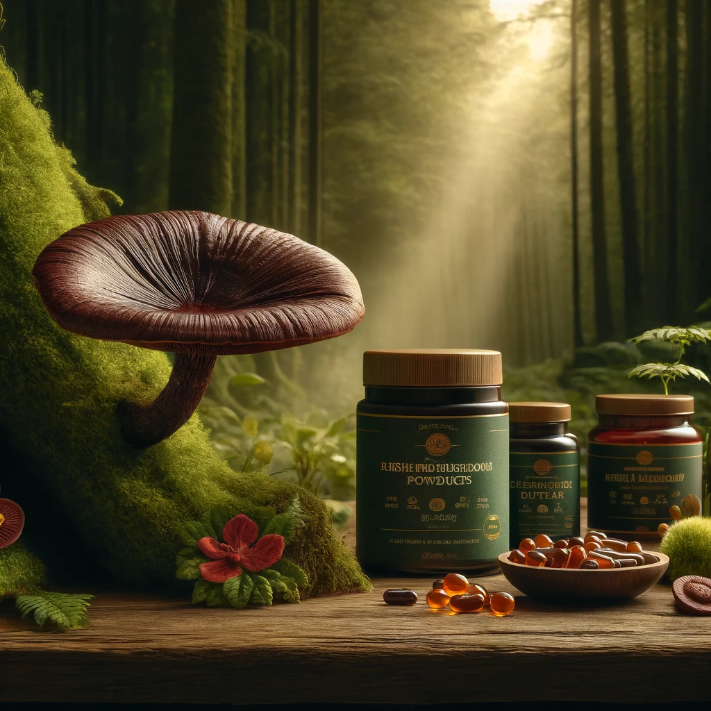 Reishi mushroom products—capsules, powder, and gummies—arranged in a forest with a Reishi mushroom growing on a mossy log.