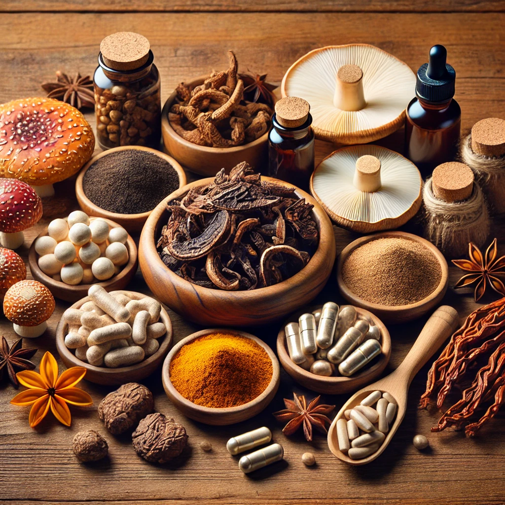 Five types of mushroom supplements including Reishi, Lion’s Mane, Chaga, Cordyceps, and Turkey Tail displayed on a wooden surface.