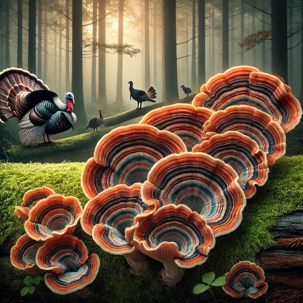 Turkey Tail mushrooms growing on a log in a forest, with wild turkeys in the background