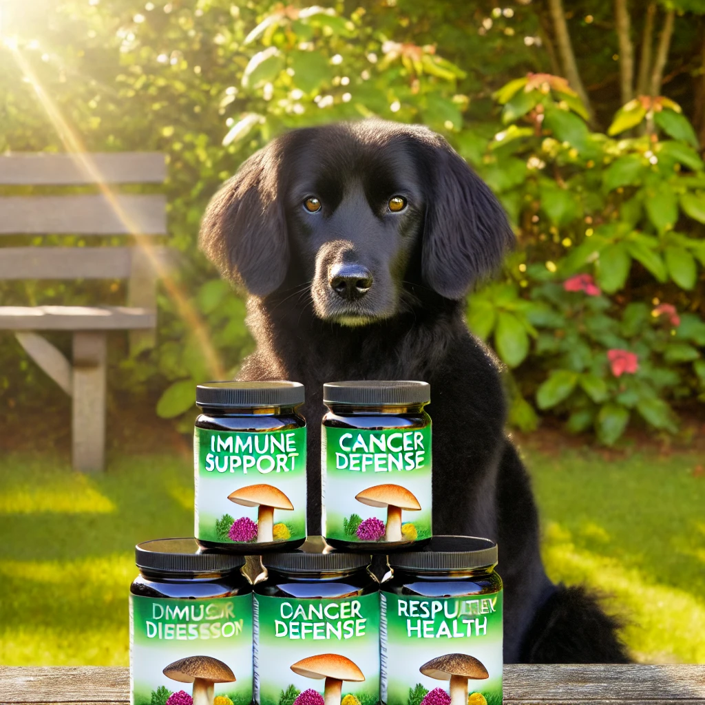 Healthy black dog sitting outdoors with mushroom supplements for immune, cancer, and digestive health support.