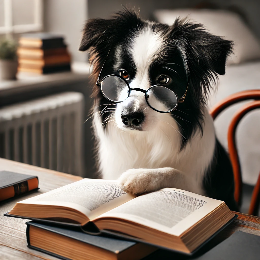 A black and white Border Collie wearing glasses, sitting at a desk and studying an open book in a cozy indoor setting.