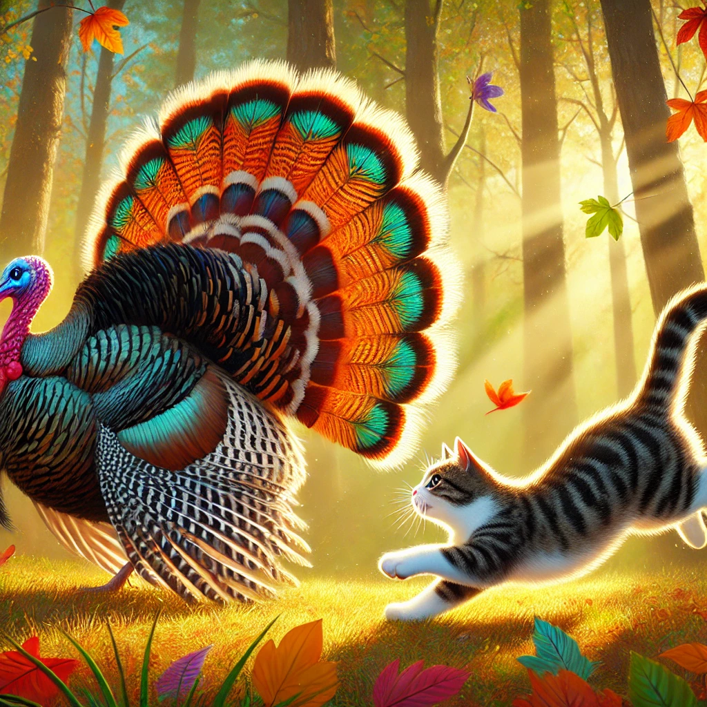 A playful cat chasing the colorful tail feathers of a wild turkey in a forest setting.