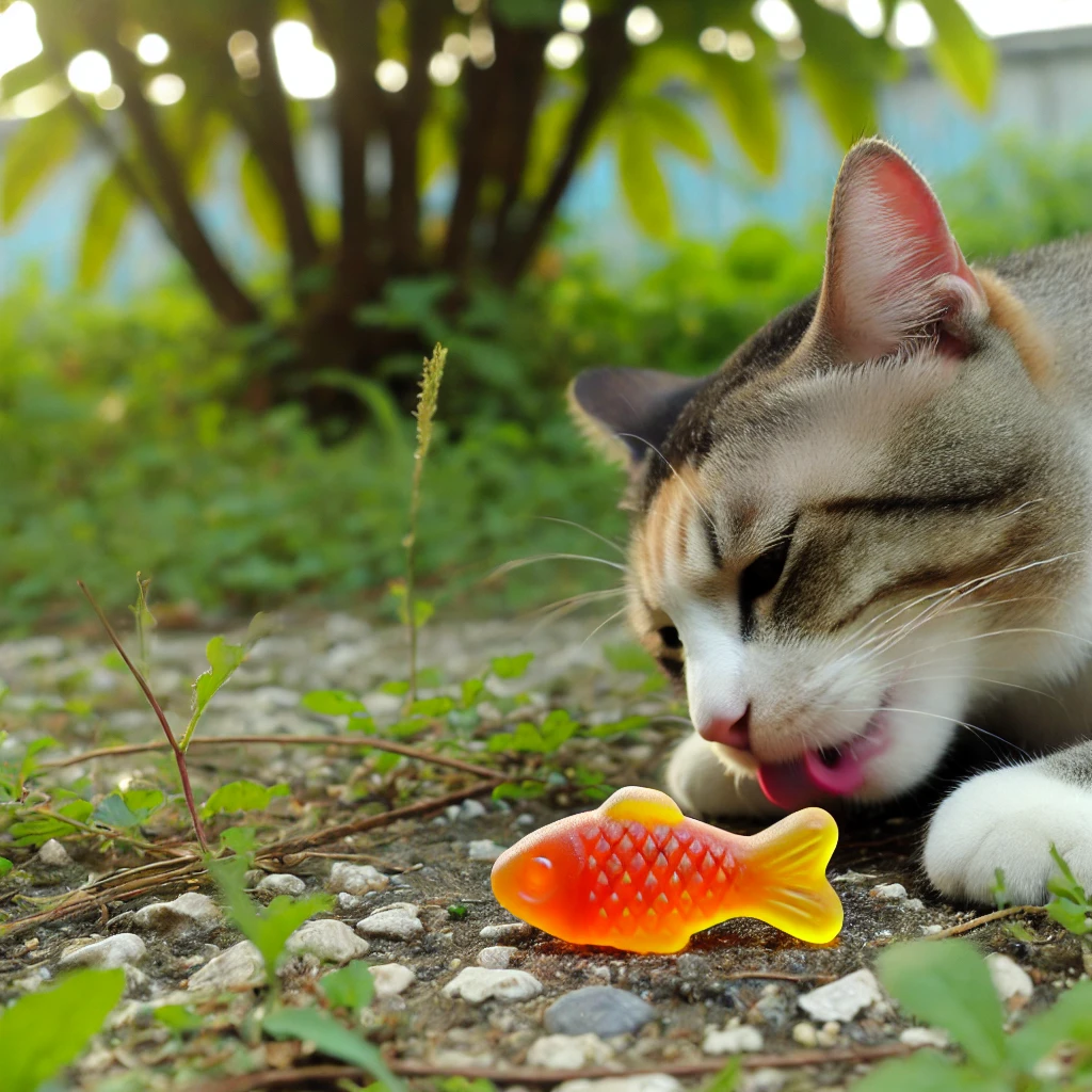 Cat eating a fish-shaped gummy in an outdoor grassy setting.