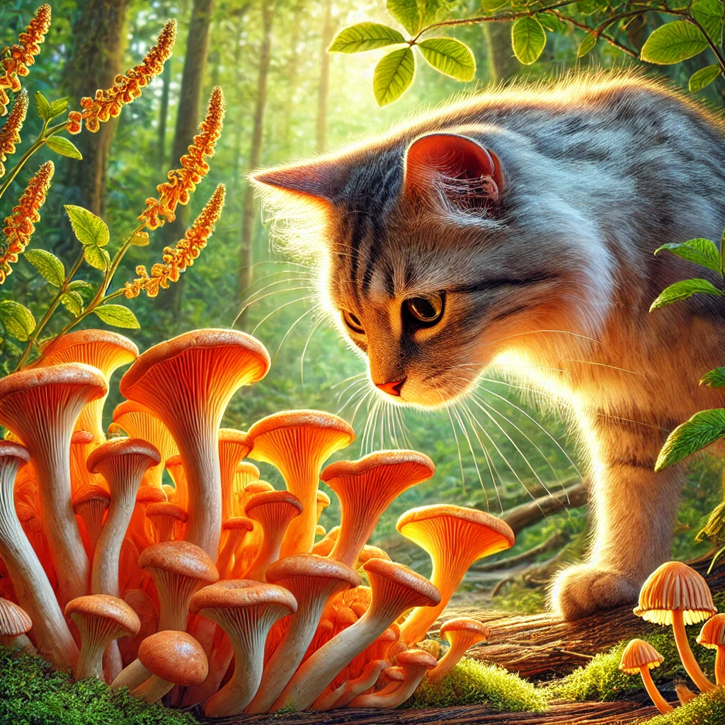 A curious cat sniffing orange Cordyceps mushrooms growing in a forest, with sunlight filtering through the trees.