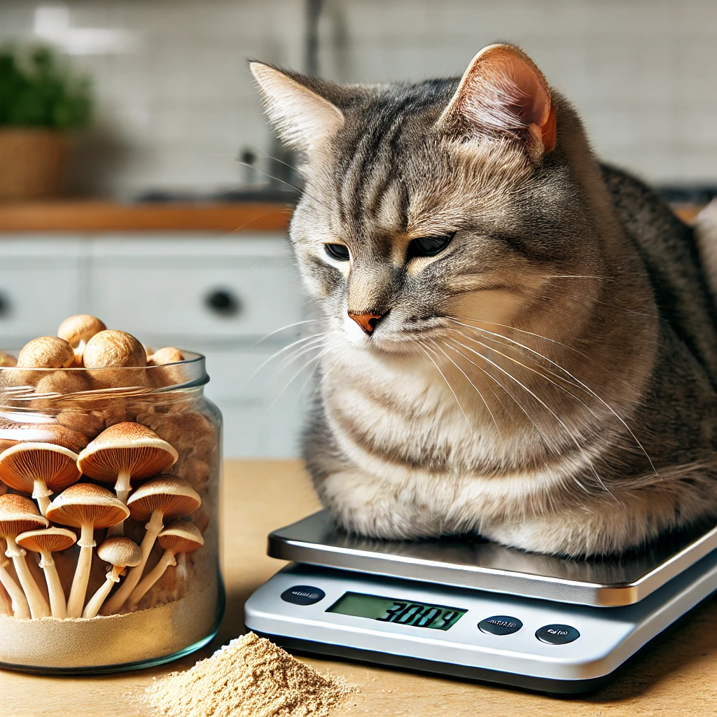 A cat sitting on a kitchen scale next to Lion’s Mane mushroom powder and a jar of mushrooms.