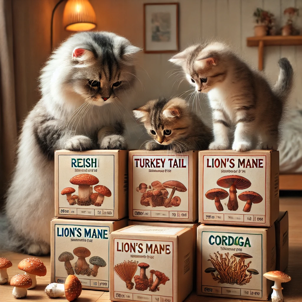 One adult cat and three kittens curiously exploring boxes labeled with Reishi, Turkey Tail, Lion’s Mane, Cordyceps, and Chaga mushrooms.