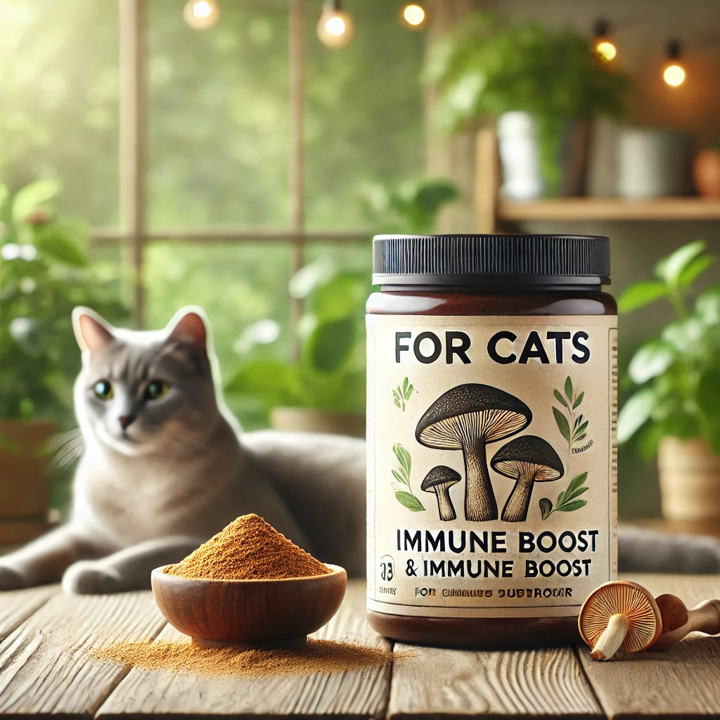 Chaga mushroom powder for cats in a bowl with a relaxed cat nearby, promoting immune boost and antioxidant support.