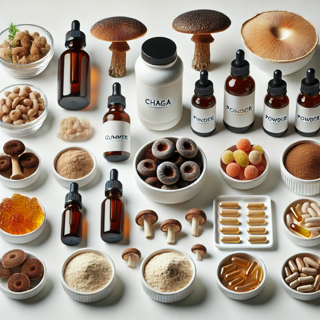 Chaga mushroom products including gummies, tincture bottles, powder, and capsules on a white background.