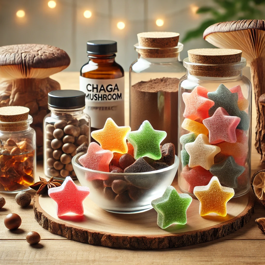 Chaga mushroom supplements displayed in capsule, powder, liquid extract, and colorful star-shaped gummy forms on a wooden table.