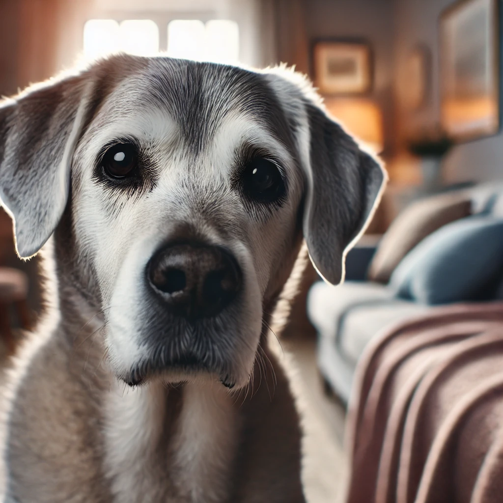 A senior dog with a slightly confused expression sitting indoors, showing signs of aging.