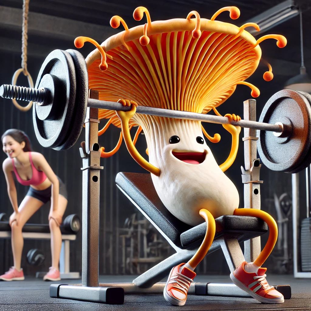 Animated Cordyceps mushroom performing a bench press in a gym setting, symbolizing strength and vitality.