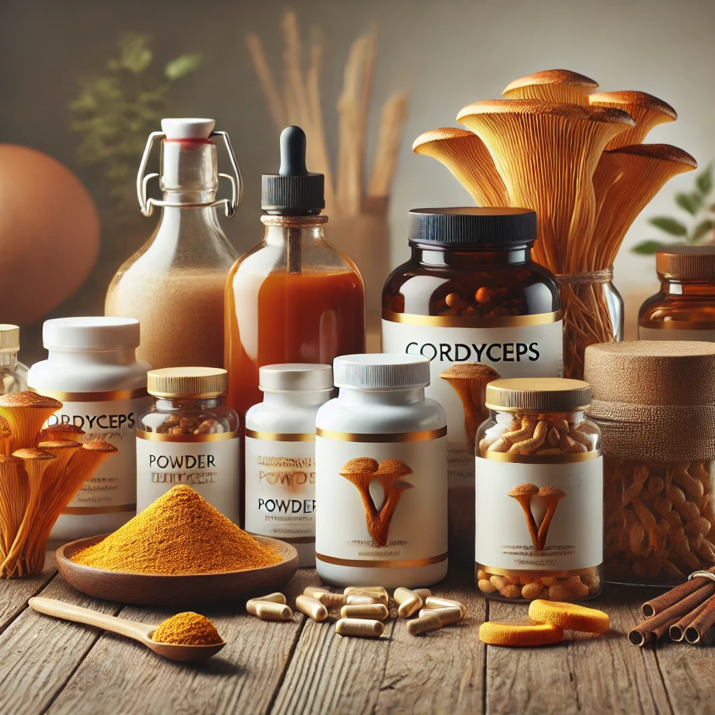 Cordyceps mushroom supplements in various forms—capsules, powder, liquid extract, and gummies—arranged on a wooden surface.