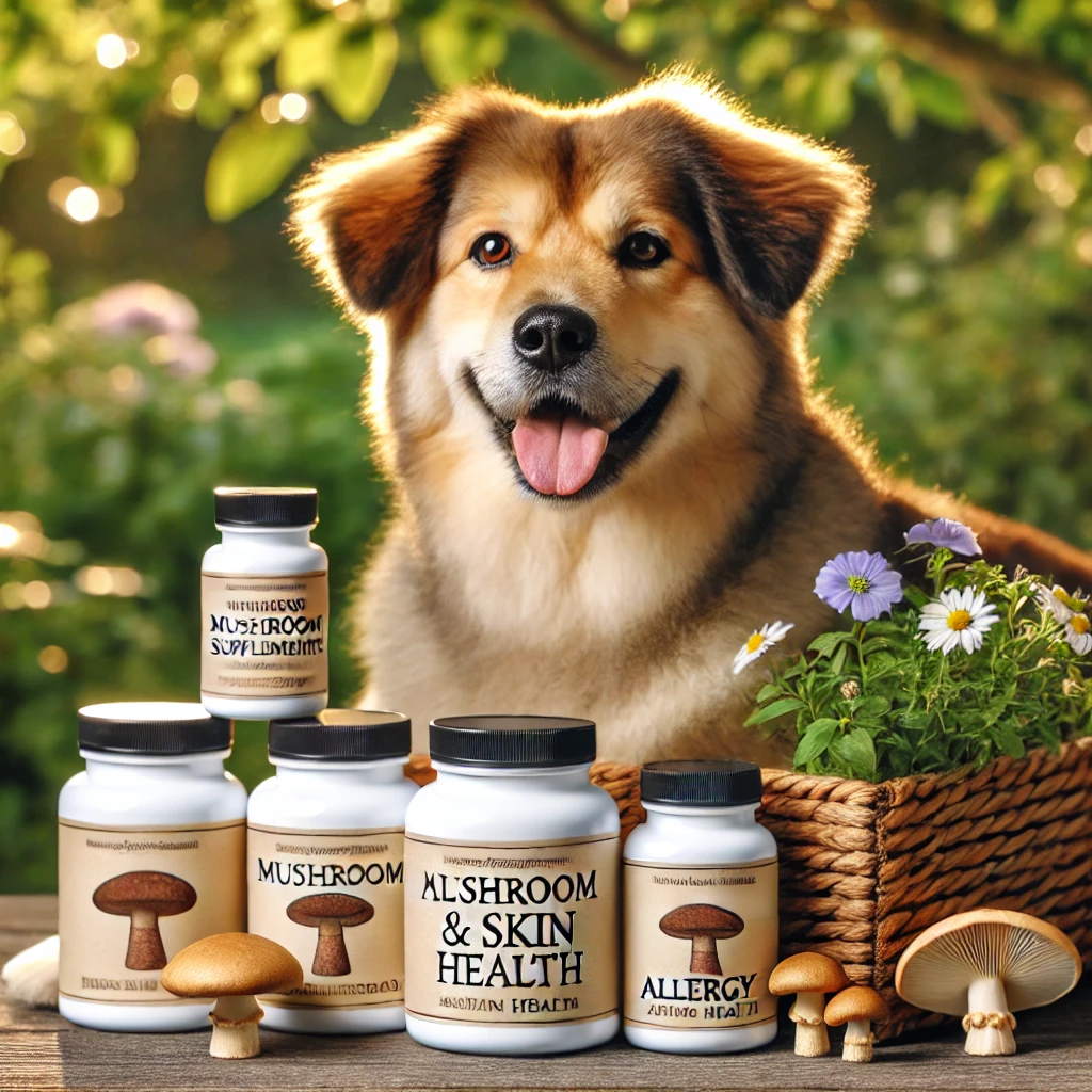 A healthy dog with a glossy coat sitting outdoors with mushroom supplements for skin health and allergy relief.