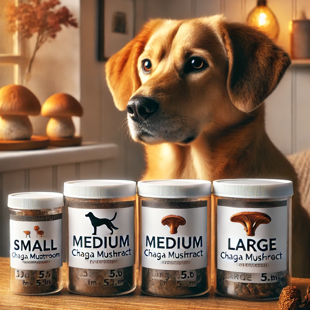 A dog sitting next to chaga mushroom containers labeled with dosage for small, medium, and large dogs.