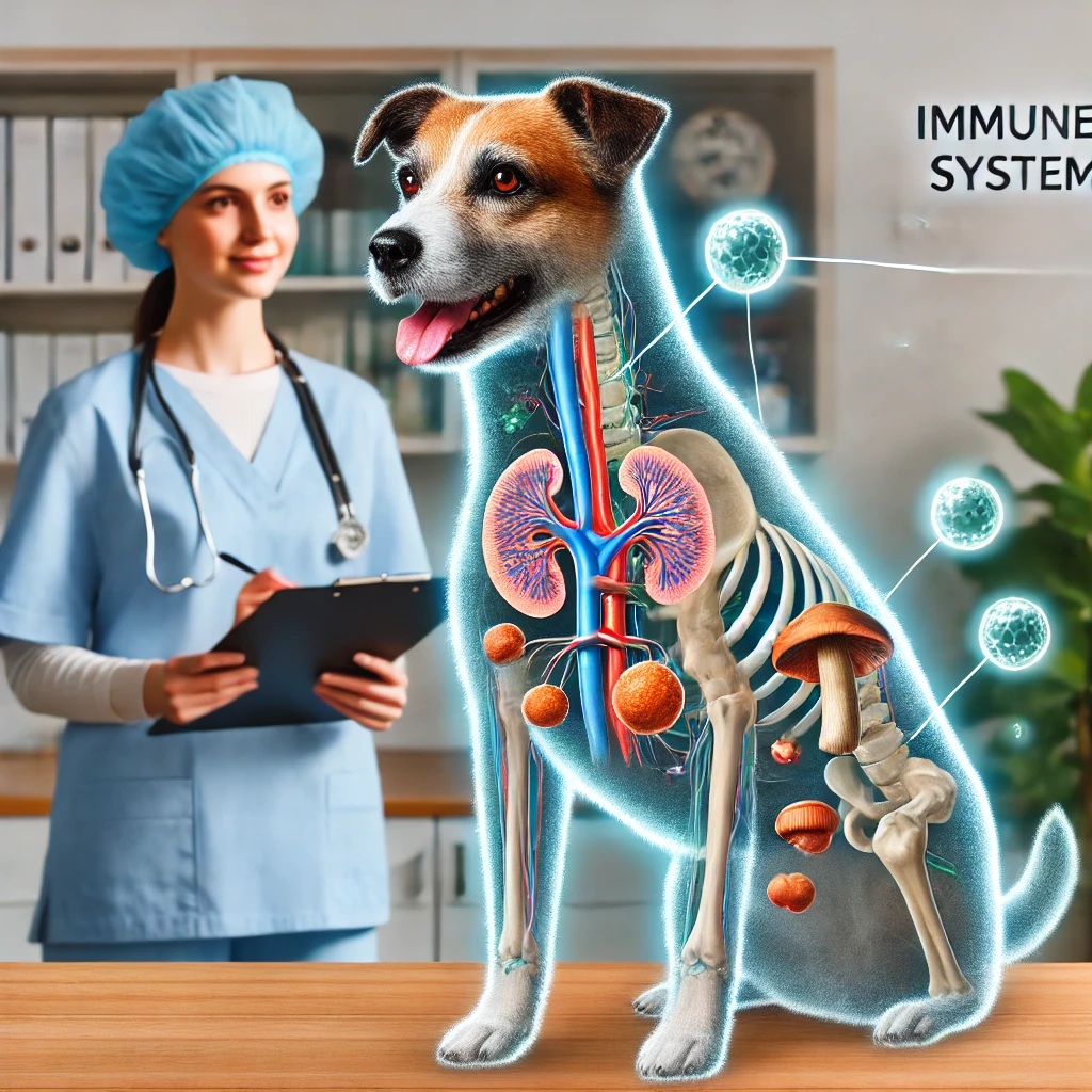 Illustration of a dog with an x-ray view highlighting immune system components, promoting immune health.