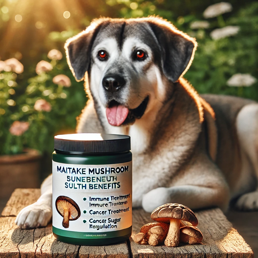 A healthy dog sitting next to Maitake mushroom supplements, labeled for immune support, cancer treatment, and blood sugar regulation.