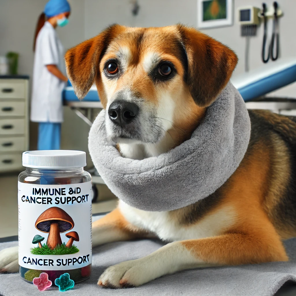 A calm dog at the vet with a soft medical collar, sitting beside a container of mushroom gummies for immune and cancer support.