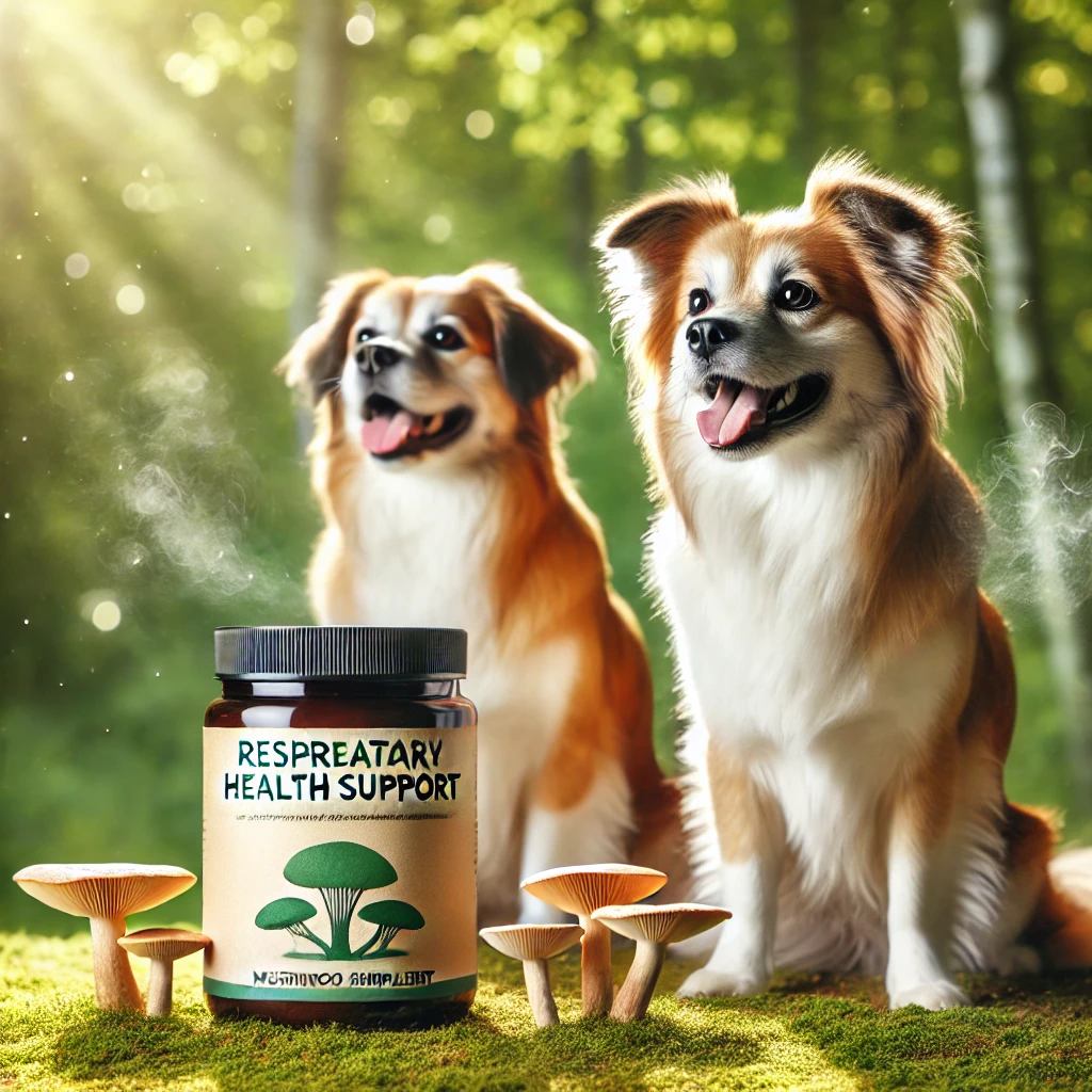 A healthy dog sitting outdoors beside a container of mushroom supplement labeled Respiratory Health Support.