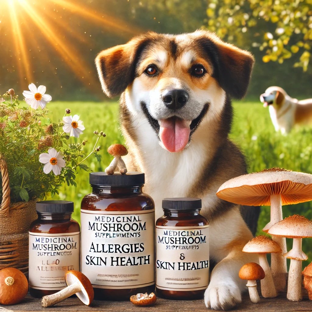 A healthy dog with a glossy coat outdoors, surrounded by mushroom supplements for allergies and skin health.