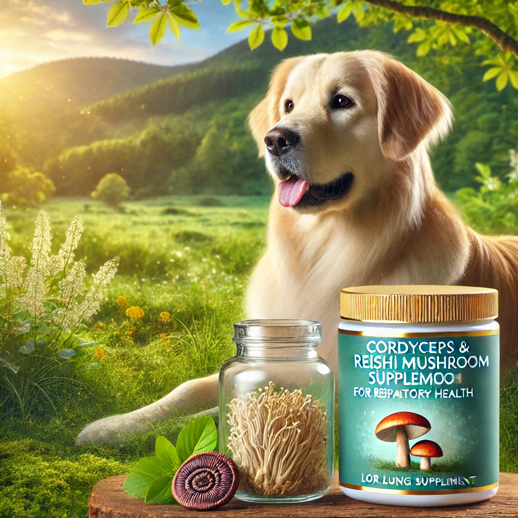 A healthy dog outdoors with Cordyceps and Reishi mushroom supplements labeled for respiratory health support.