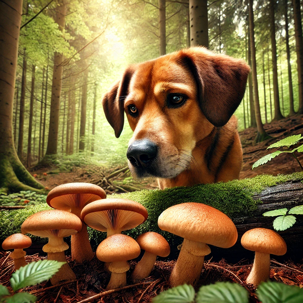 Dog sniffing shiitake mushrooms on the forest floor in a serene woodland setting.