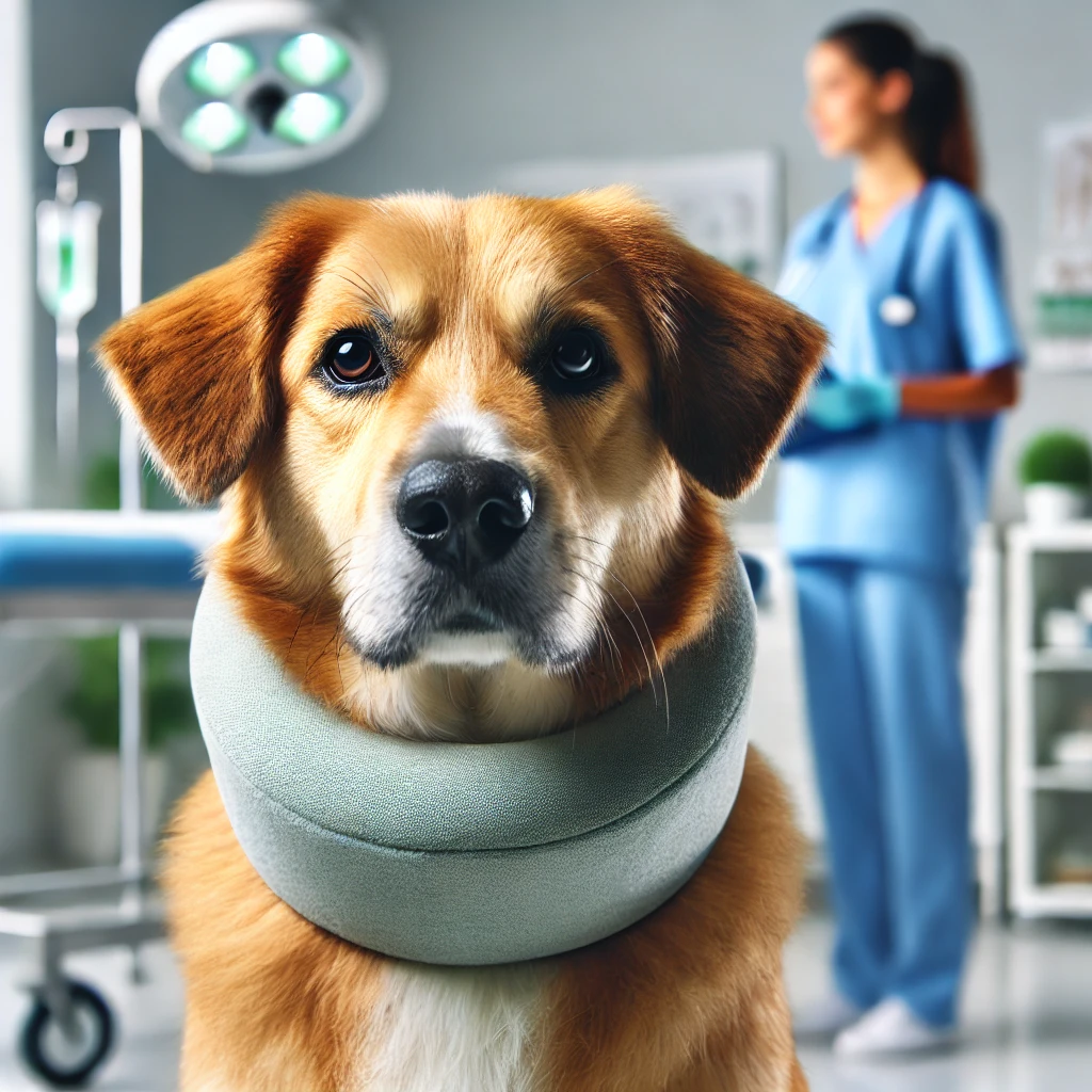 A dog wearing a medical collar at a veterinary clinic, with a vet nearby providing comfort.