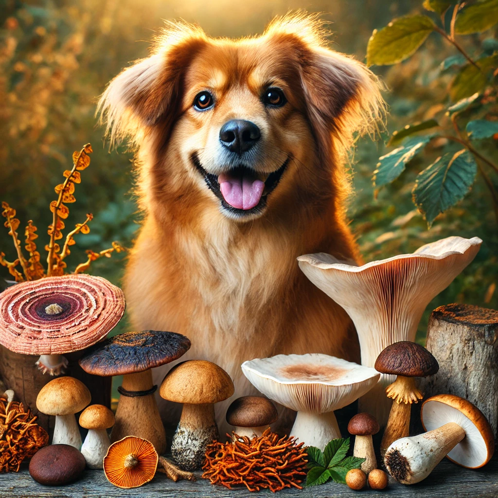 Happy dog sitting outdoors next to medicinal mushrooms like Reishi, Lion's Mane, Chaga, and Cordyceps.