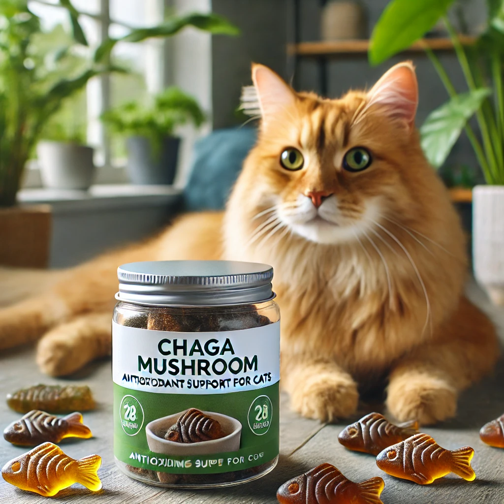 Fish-shaped Chaga mushroom gummies in a small bowl with a calm cat nearby, promoting immune and antioxidant benefits for cats.