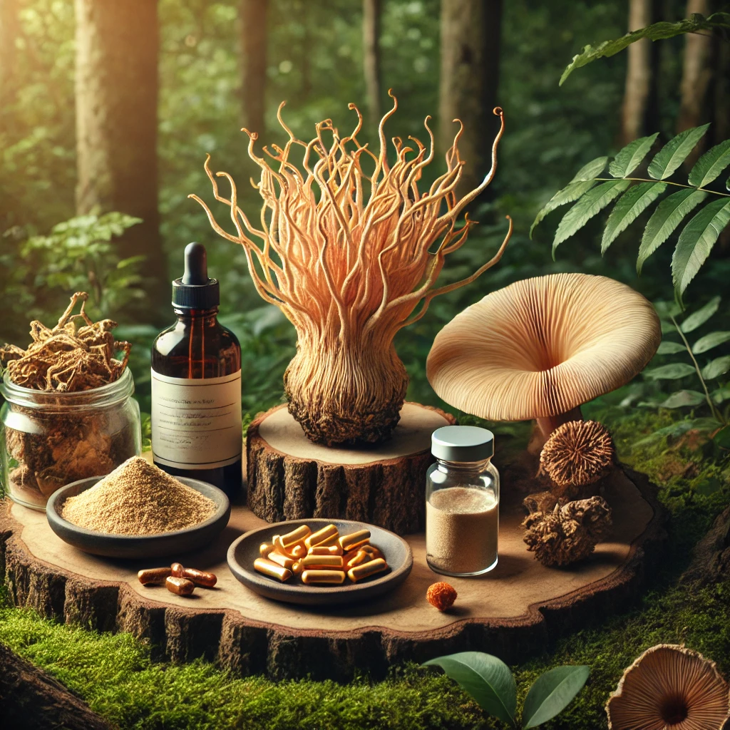 Cordyceps mushroom products including dried mushrooms, tincture, capsules, and powder displayed on a tree stump in a forest.