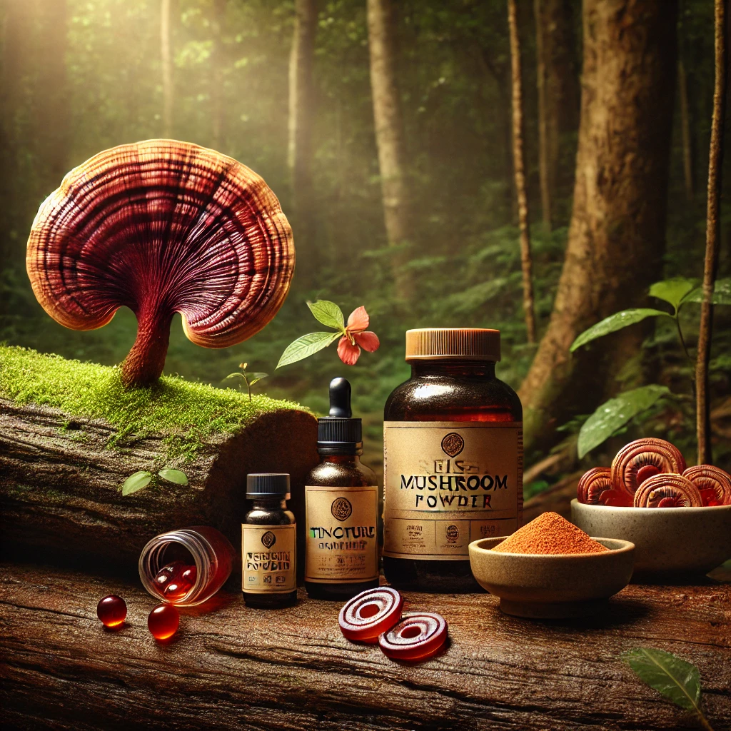 Reishi mushroom products including tincture, capsules, powder, and gummies arranged on a log in a forest, with a Reishi mushroom growing on the side