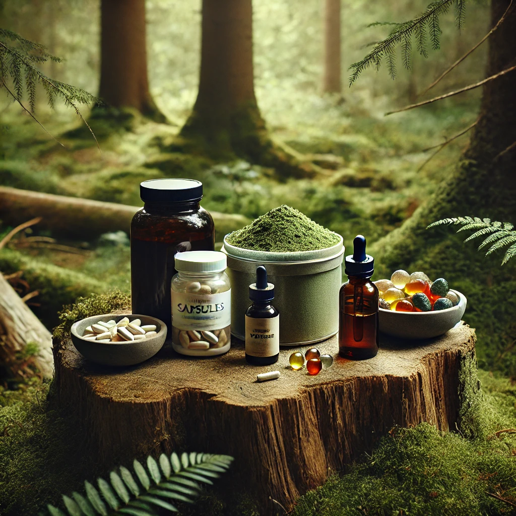 Capsules, powder, tincture, and gummies displayed on a tree stump in a peaceful forest setting.