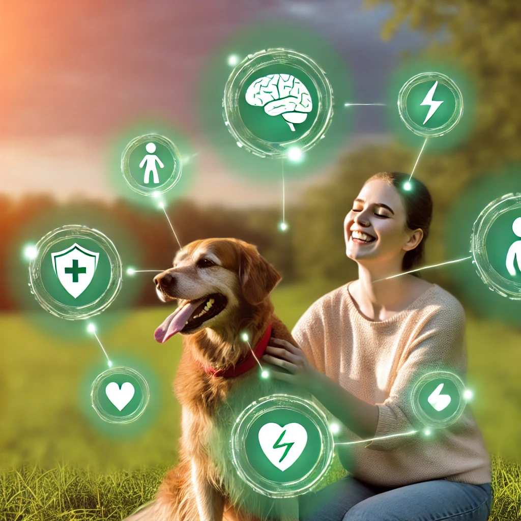 Woman playing with her dog, surrounded by icons representing health benefits of functional mushrooms: brain, shield, lightning bolt, and calm face.