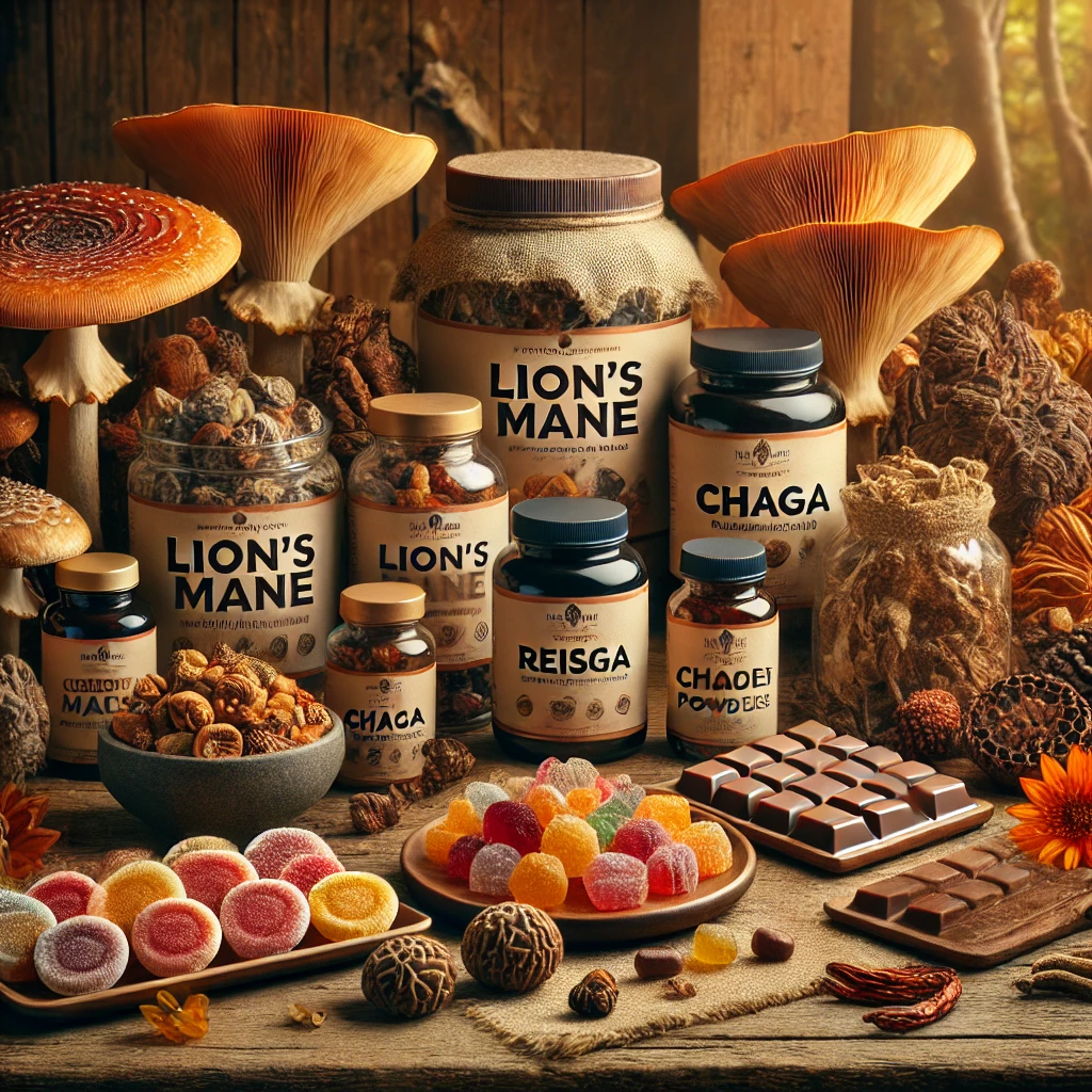 Functional mushroom products including Lion’s Mane, Reishi, Chaga, and Cordyceps in gummies, chocolate, powder, and capsules on a rustic table.