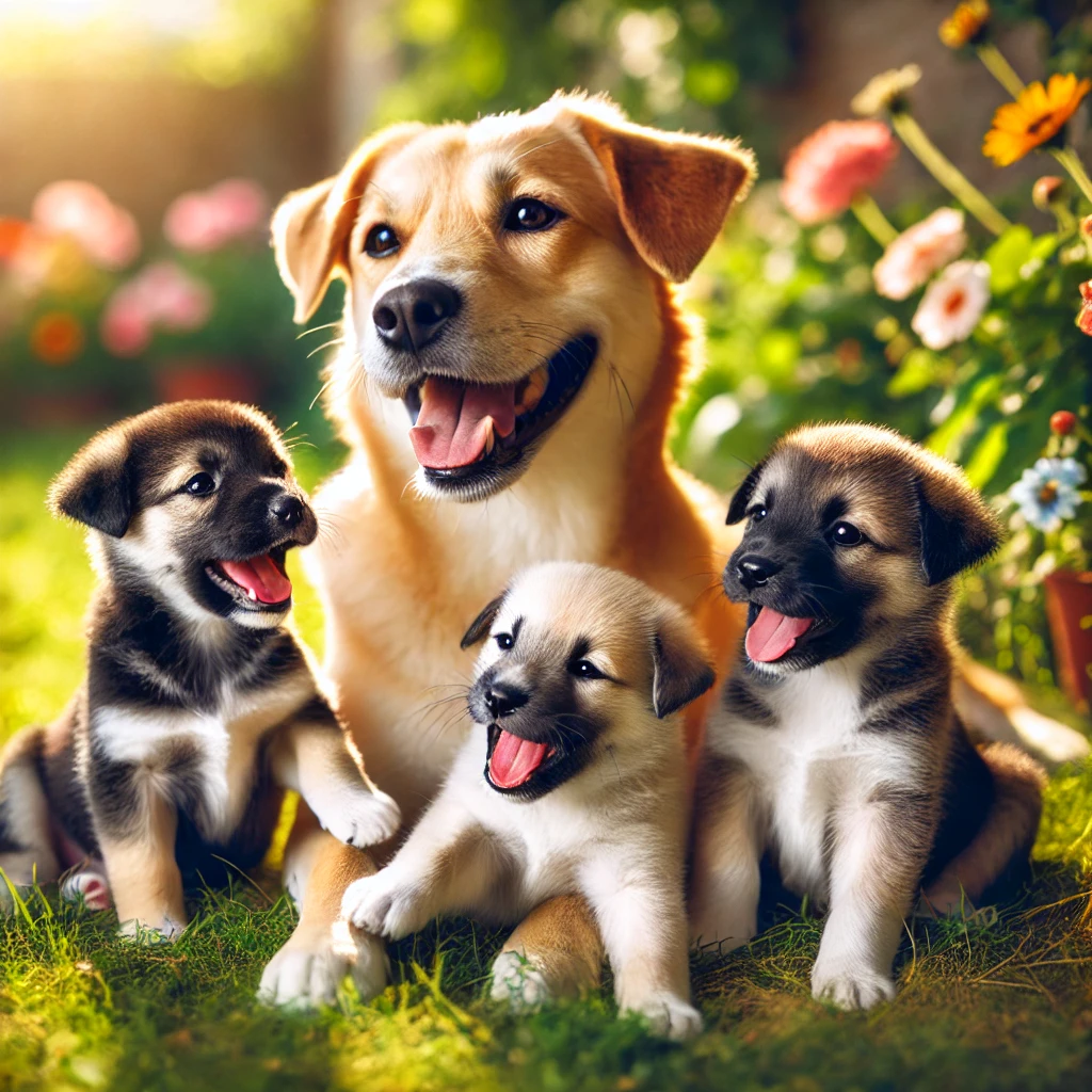 A happy adult dog with three playful puppies in a sunny outdoor setting with green grass and flowers.