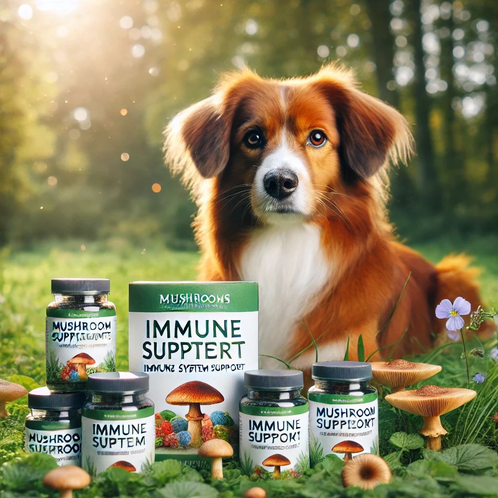 A healthy dog outdoors with a vibrant coat, surrounded by mushroom supplements for immune system support.