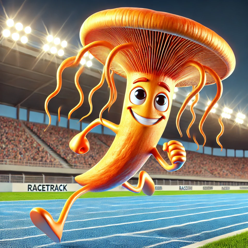 Animated, joyful Cordyceps mushroom running on a racetrack, symbolizing energy and athletic performance.