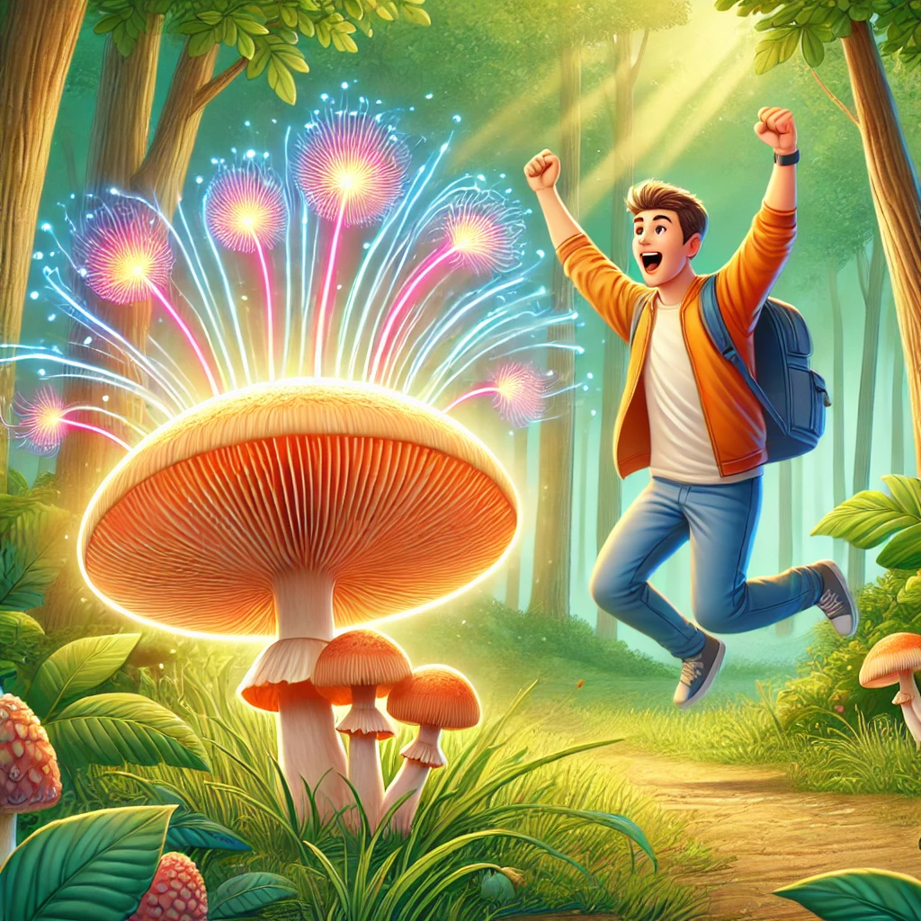 Person joyfully interacting with a large Lion's Mane mushroom in a forest, symbolizing ADHD support for focus and emotional balance.