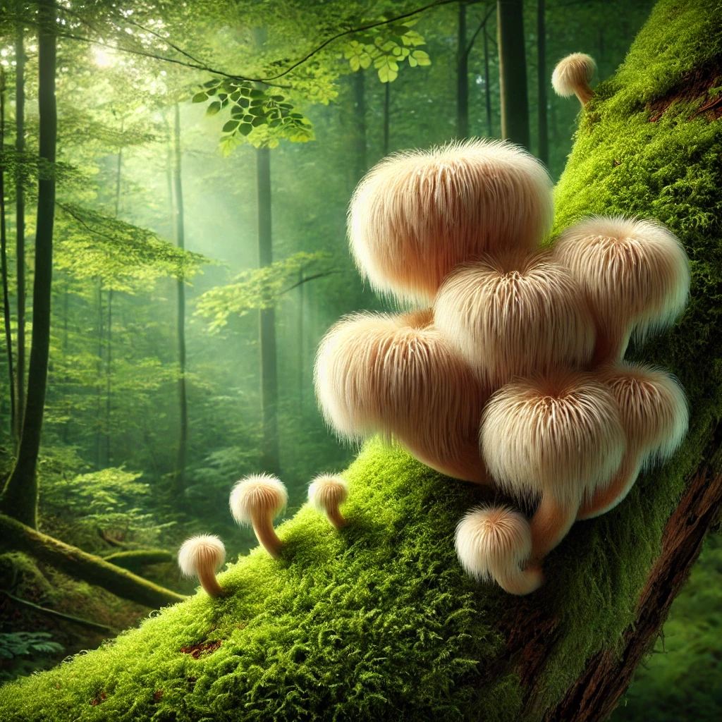 Lion's Mane mushrooms with fluffy texture growing on a mossy tree in a serene forest.