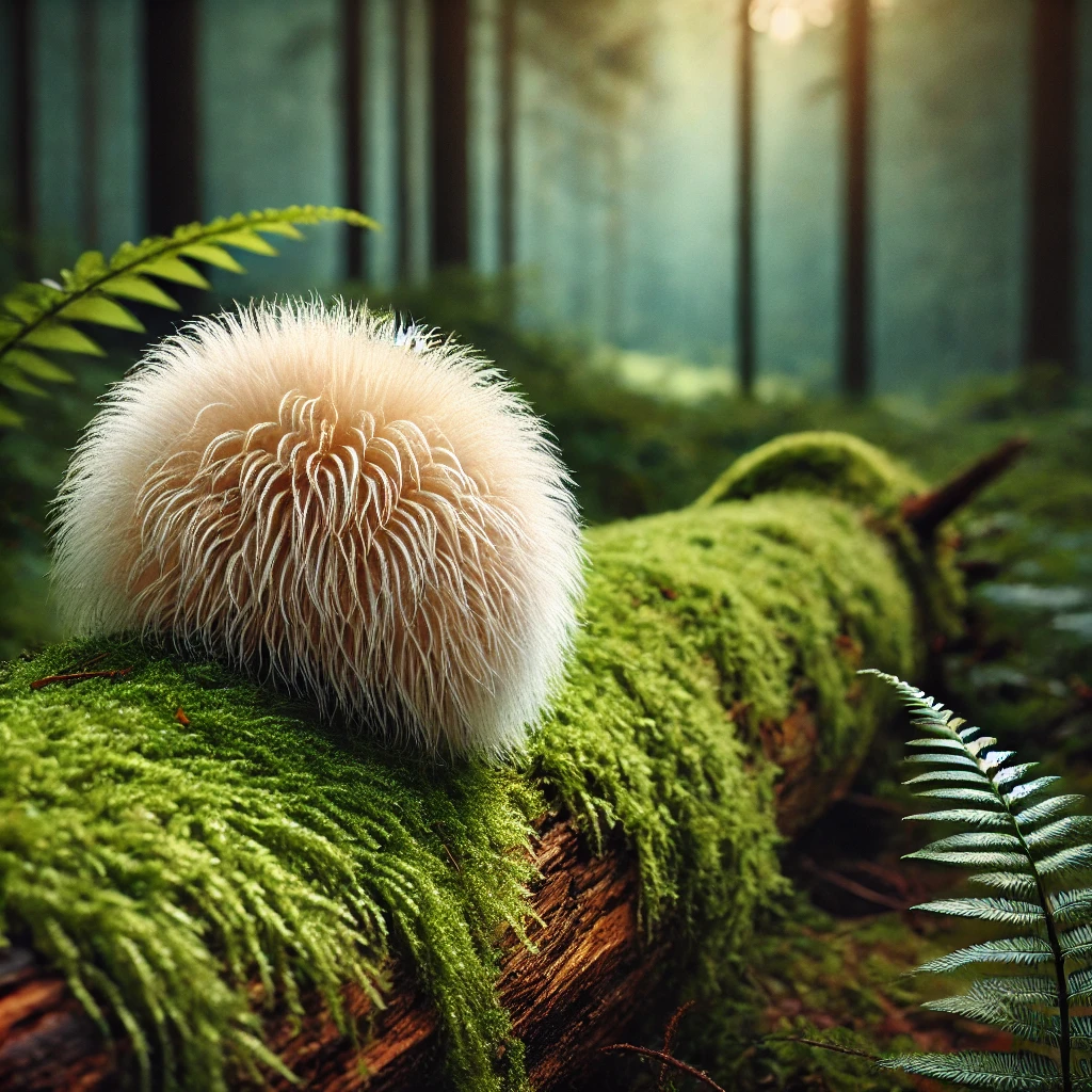 Lion's Mane mushroom growing on a moss-covered log in a lush forest setting.