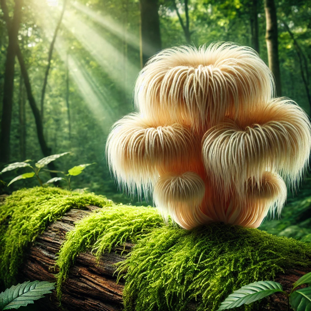 Lion's Mane mushroom with cascading textures growing on a moss-covered log in a lush forest setting.