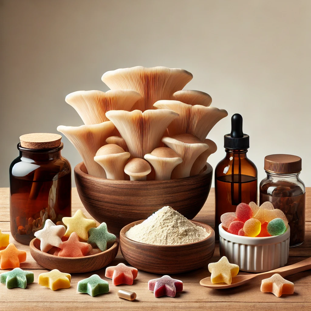 Lion's Mane mushroom supplements displayed in various forms including capsules, powder, liquid extract, and colorful star-shaped gummies.