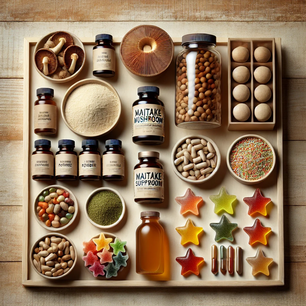 Maitake mushroom supplements displayed in various forms including capsules, powder, liquid extract, and colorful star-shaped gummies.