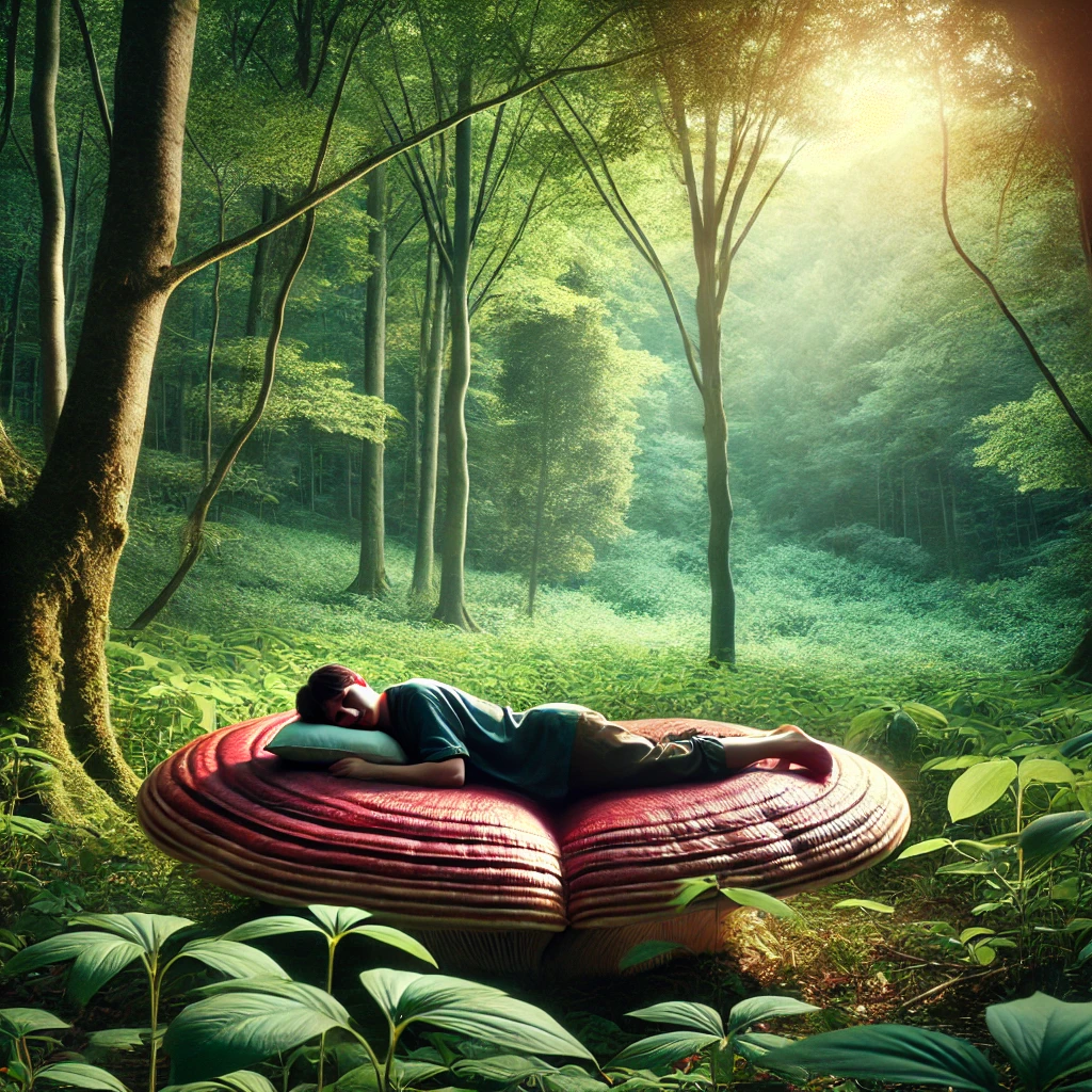 A man peacefully sleeping on a large Reishi mushroom in a serene forest setting.