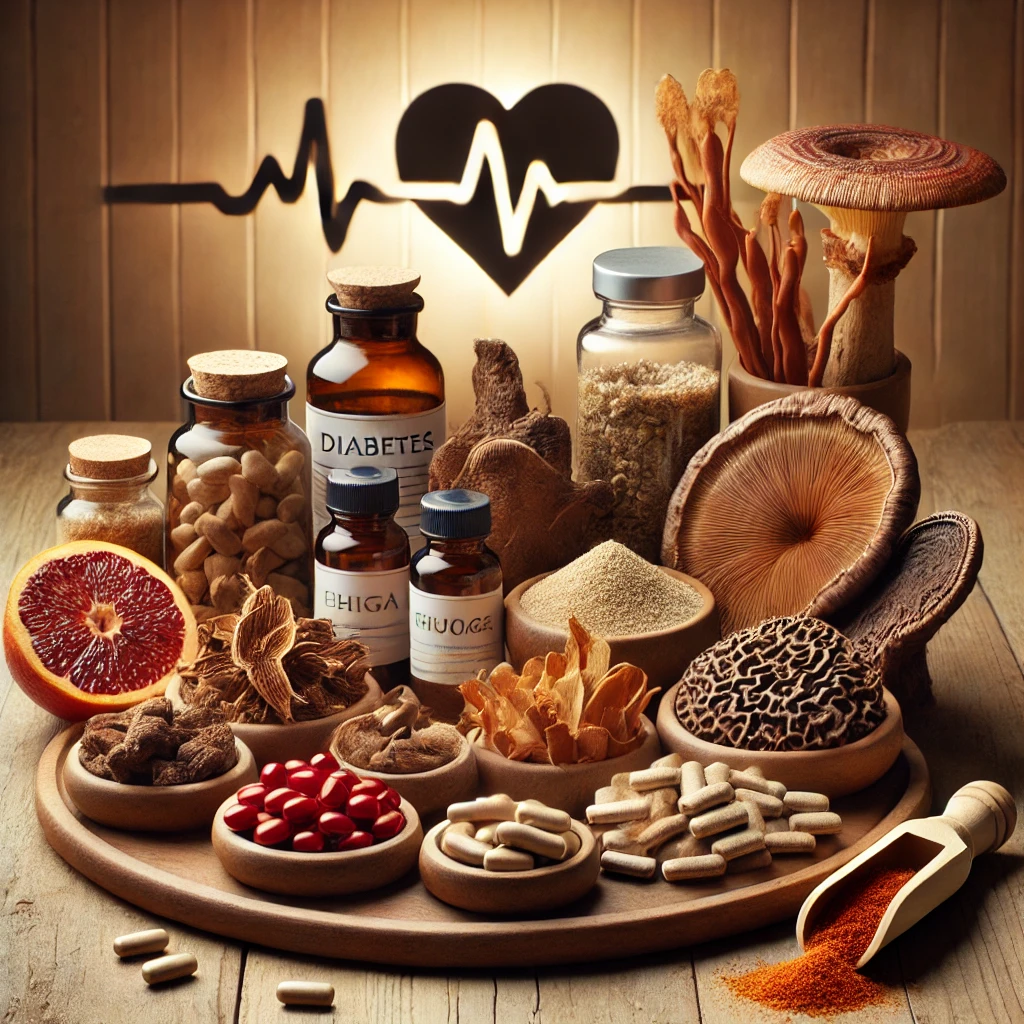 Medicinal mushroom supplements including Reishi, Chaga, Maitake, and Cordyceps for diabetes support, with blood sugar and heart health icons.