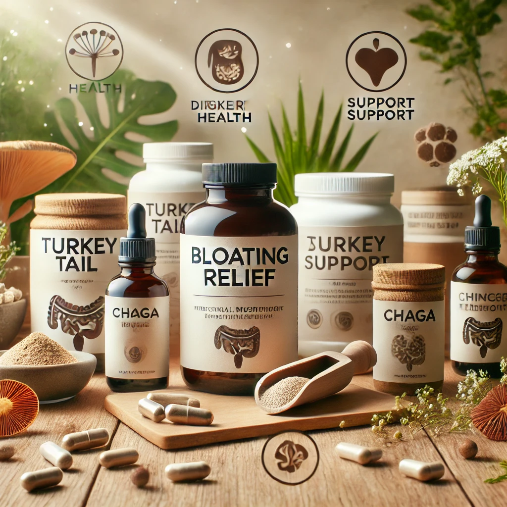 Medicinal mushroom supplements for bloating relief with icons for digestive health and gut support.