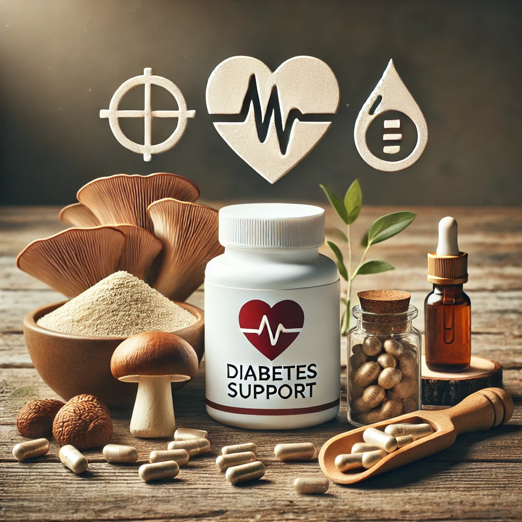 Mushroom supplements for diabetes support with heart and blood sugar icons.