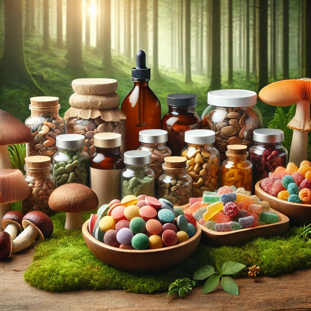 Display of mushroom supplements including capsules, powders, tinctures, and colorful gummies in a forest setting.