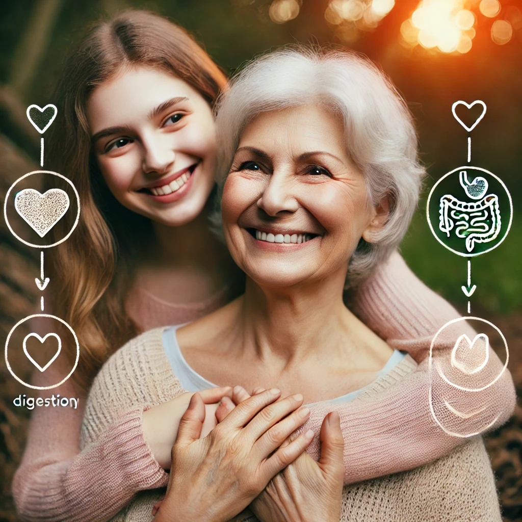 Older woman and her daughter in a natural setting with icons for gut health, digestion, and wellness.