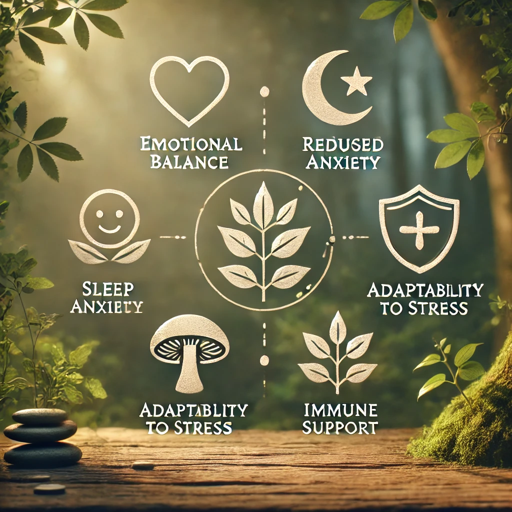 Icons representing Reishi mushroom benefits—emotional balance, reduced anxiety, sleep quality, adaptability to stress, and immune support—in a forest.