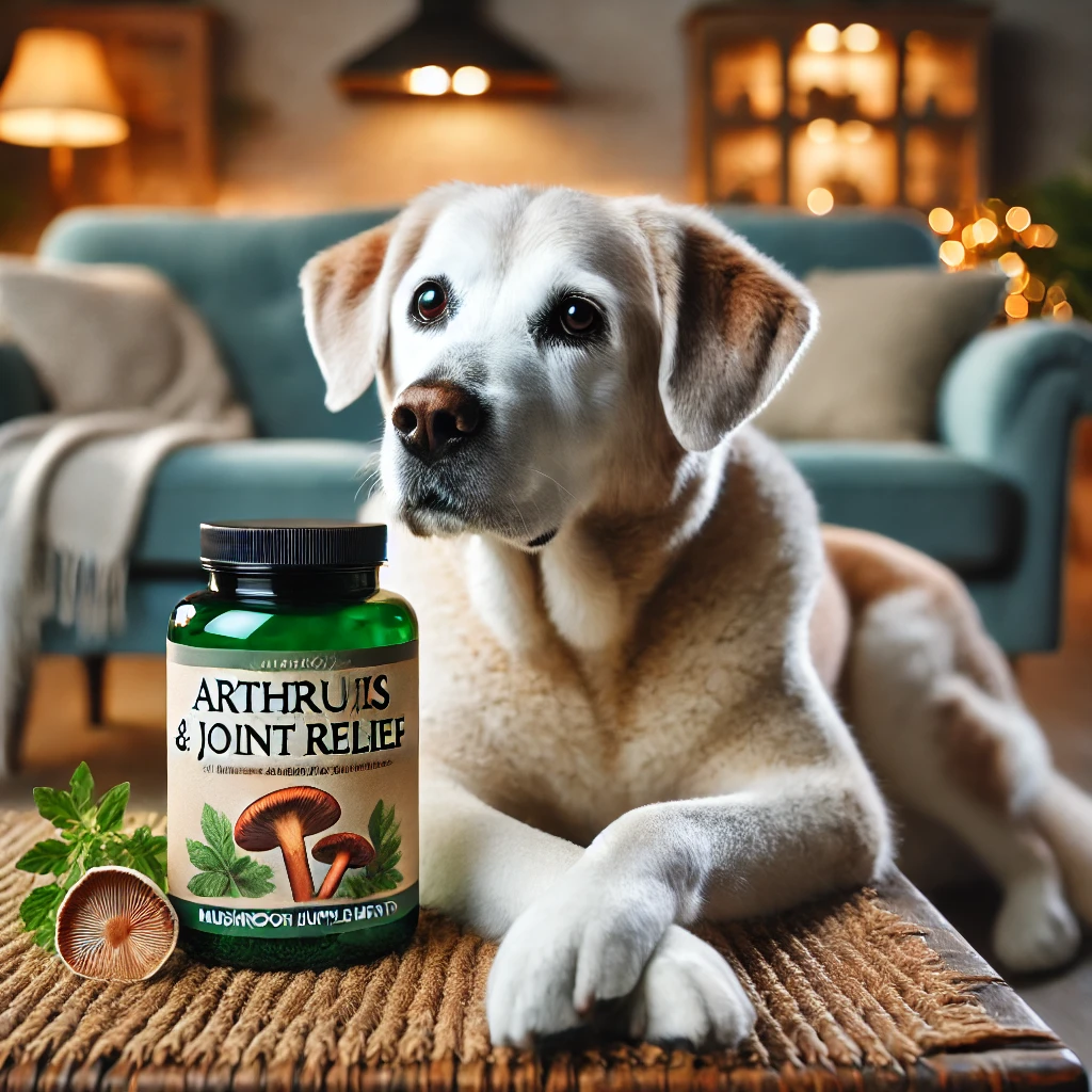 A senior dog relaxing indoors with a mushroom supplement for arthritis and joint pain relief.